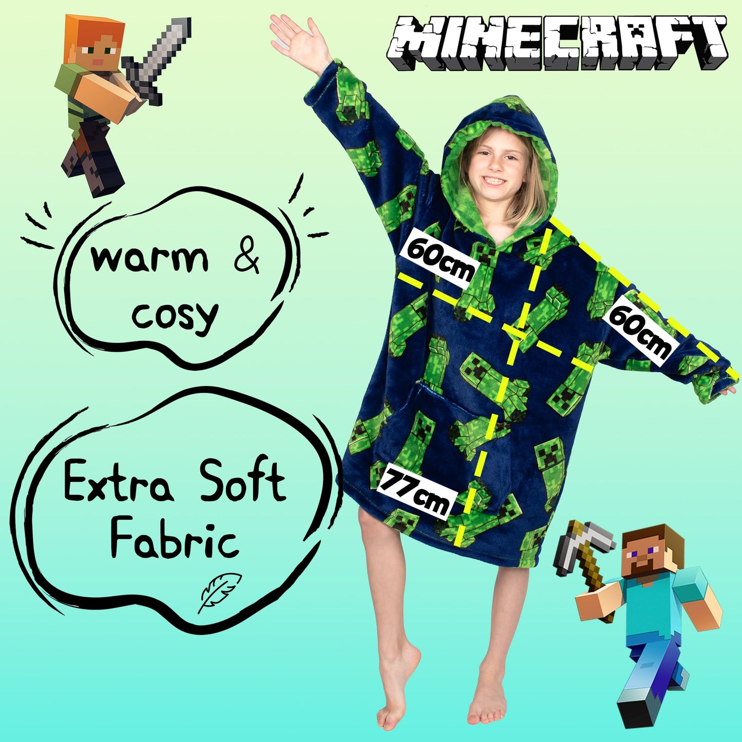 Minecraft Oversized Hoodie Blanket for Kids Teens Reversible Super Soft Fleece Warm Boys Hoodie One Size Gift for Boys