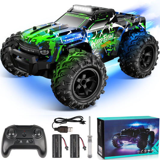 BAZADER 1:18 RC truck with LED lights, all-terrain tires, sleek design, high-speed off-road toy suitable for kids and adults.