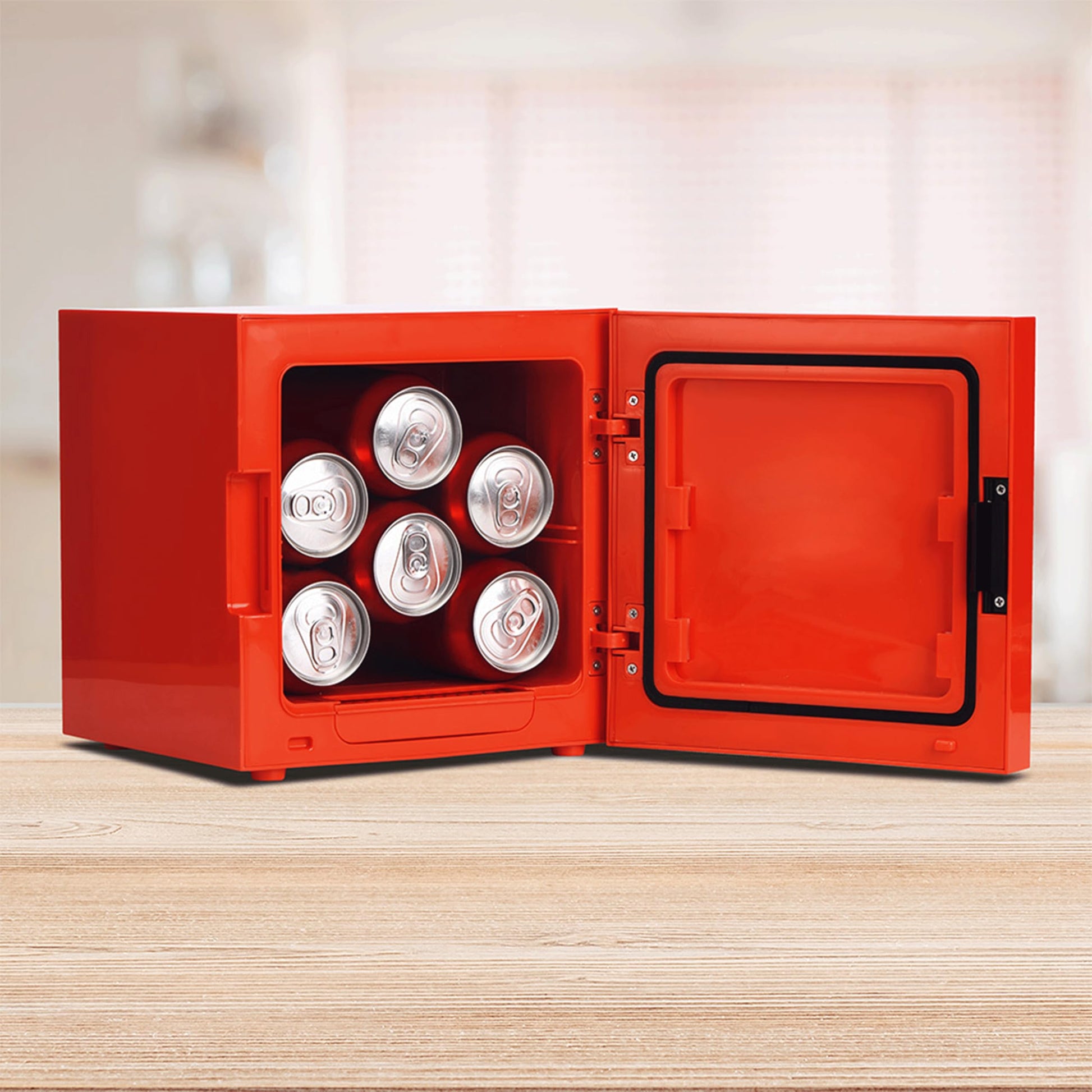Menkind UKONiC Minecraft TNT Block mini fridge with AC/DC power, 6-can capacity, featuring a pixelated TNT design.