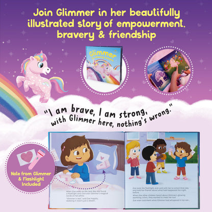 SNUGSHINE Glow in The Dark Unicorn Plush Set with Unicorn Book & Torch Projector starring Glimmer the Glowing Unicorn