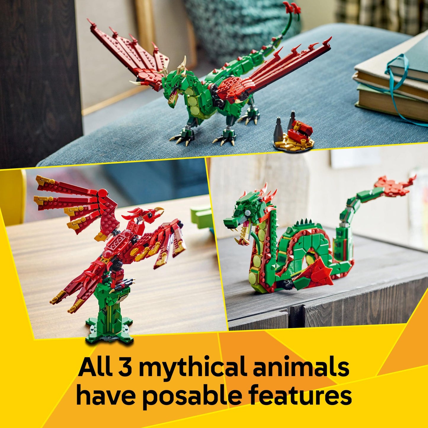 LEGO Creator 3in1 Medieval Dragon toy set with dragon, sea serpent, and phoenix models for kids 9+ years.
