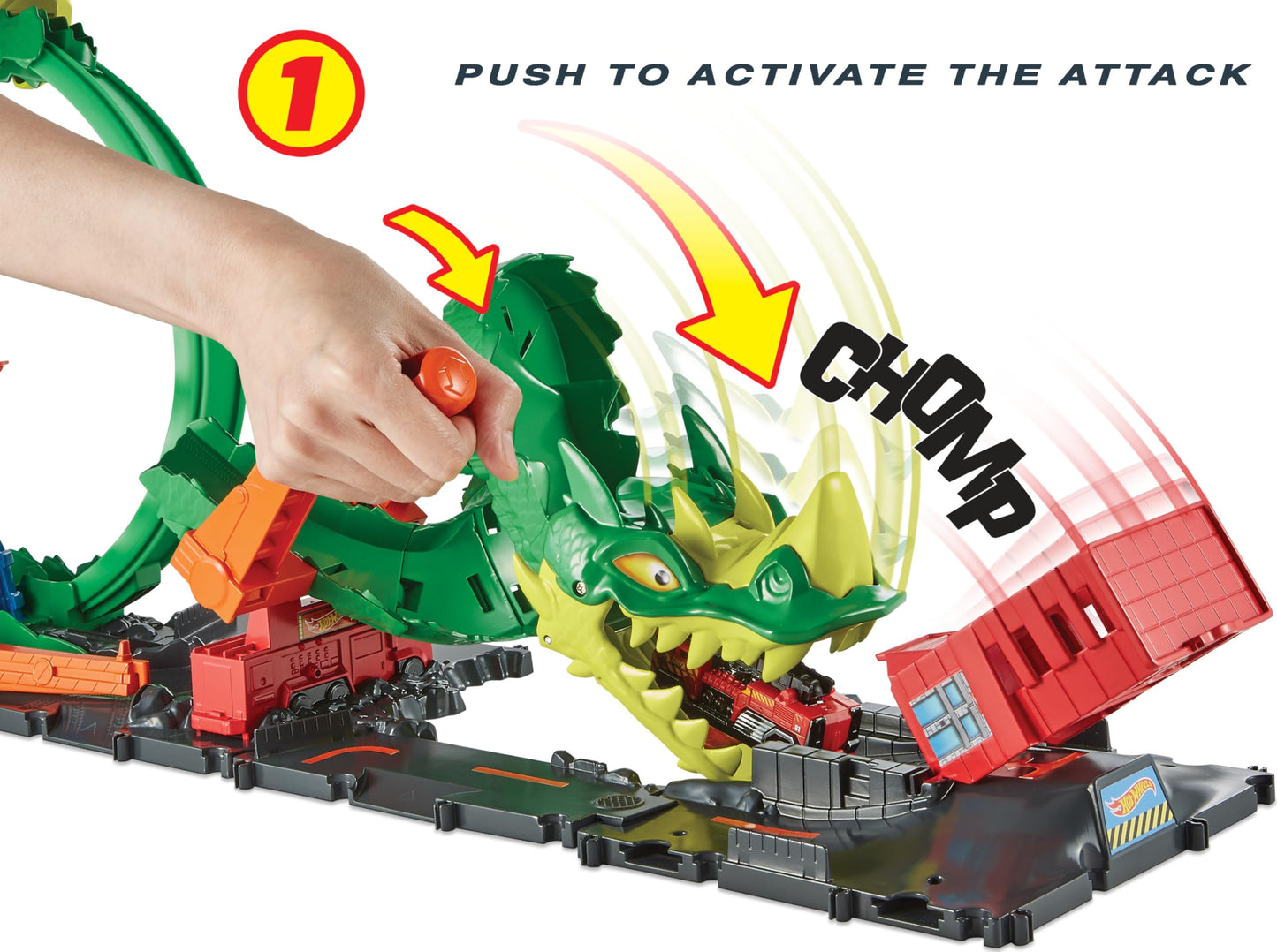 Hot Wheels Track Set with 1:64 Scale Toy Firetruck, City Fire Station with Dragon Nemesis and Track Play, Dragon Drive Firefight, HDP03