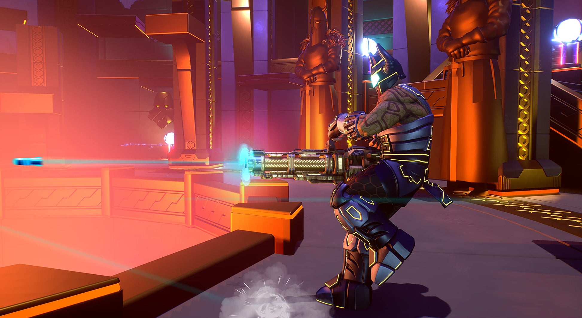 Gameplay screenshot of NERF Legends for PS5 showing characters in action with colorful NERF blasters in a vibrant arena.