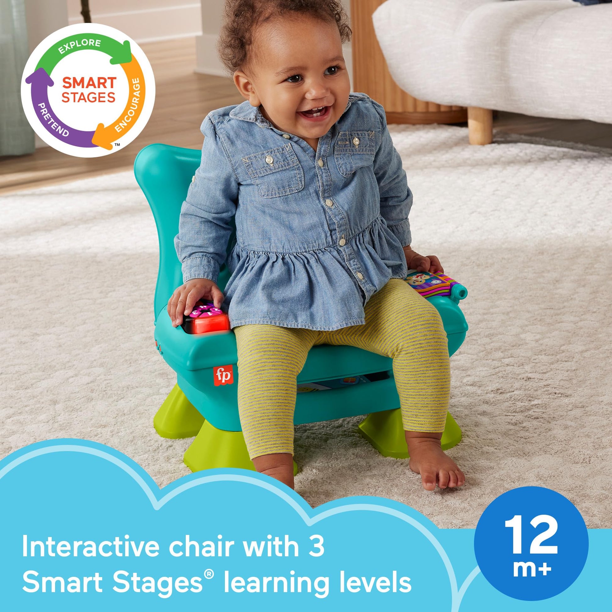 Fisher-Price Laugh & Learn Smart Stages Chair for babies and kids, showing colorful seat with interactive features and learning buttons.