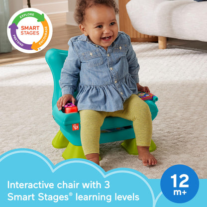 Fisher-Price Laugh & Learn Smart Stages Chair for babies and kids, showing colorful seat with interactive features and learning buttons.