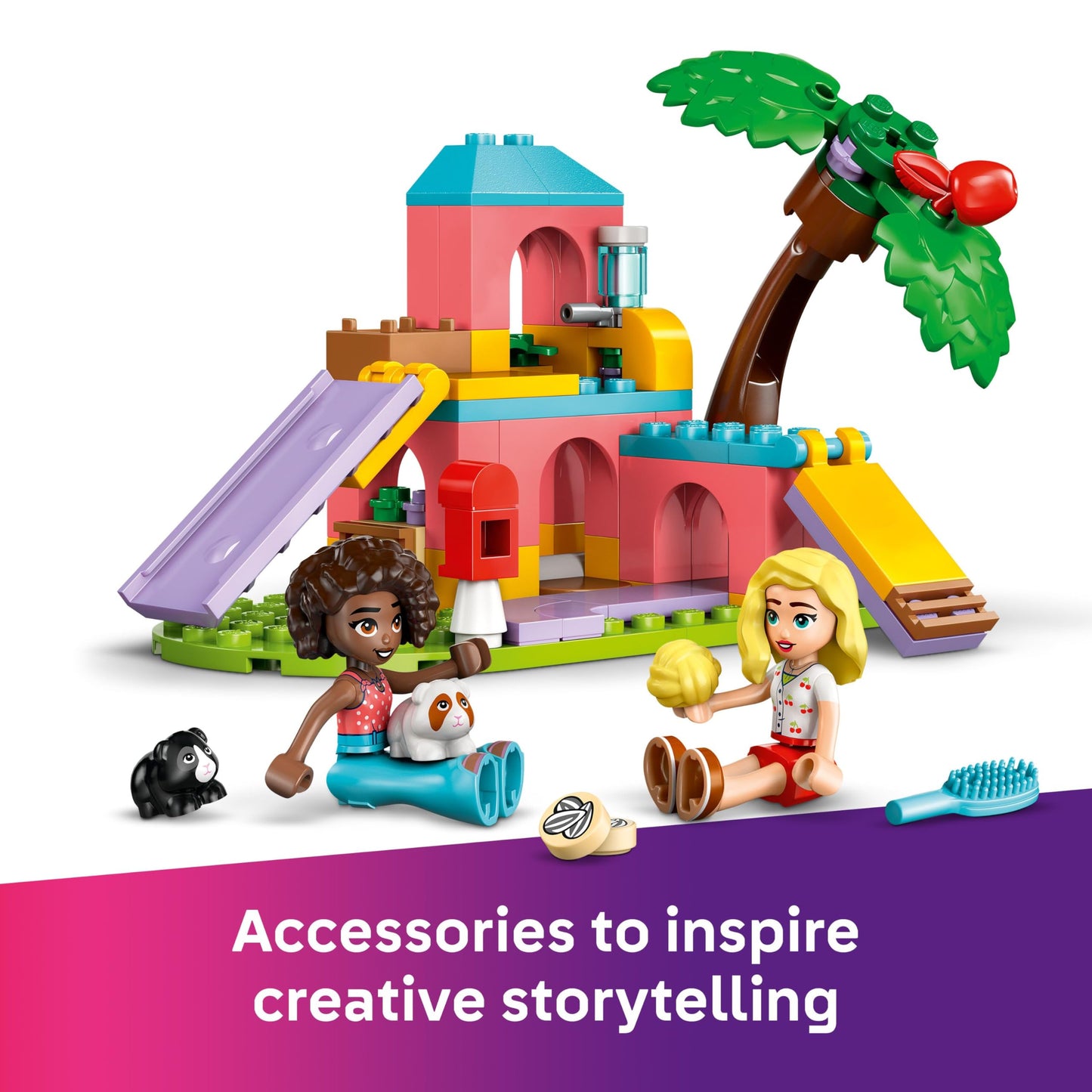 LEGO Friends Guinea Pig Playground toy featuring mini dolls, animal figures, and pet care accessories in a colorful playground setting.