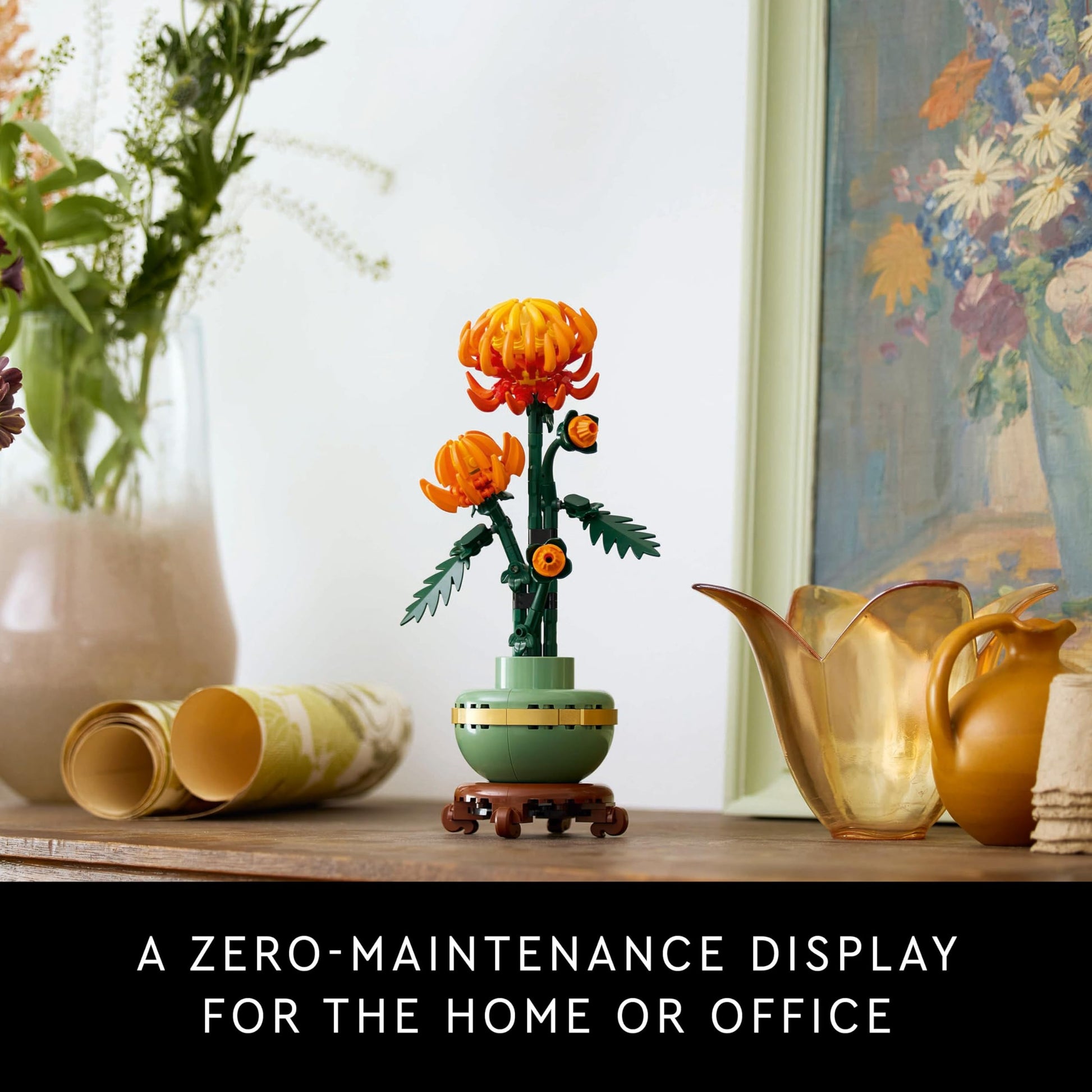 LEGO Botanicals Chrysanthemum building set featuring vibrant faux flowers in a creative model kit for home office decor.