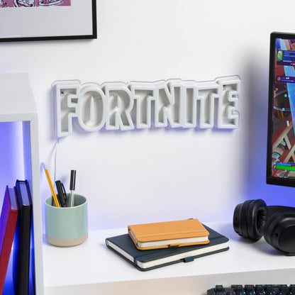 Paladone Fortnite Logo LED neon wall light with power cord, ideal for gaming decor in bedrooms or living spaces.