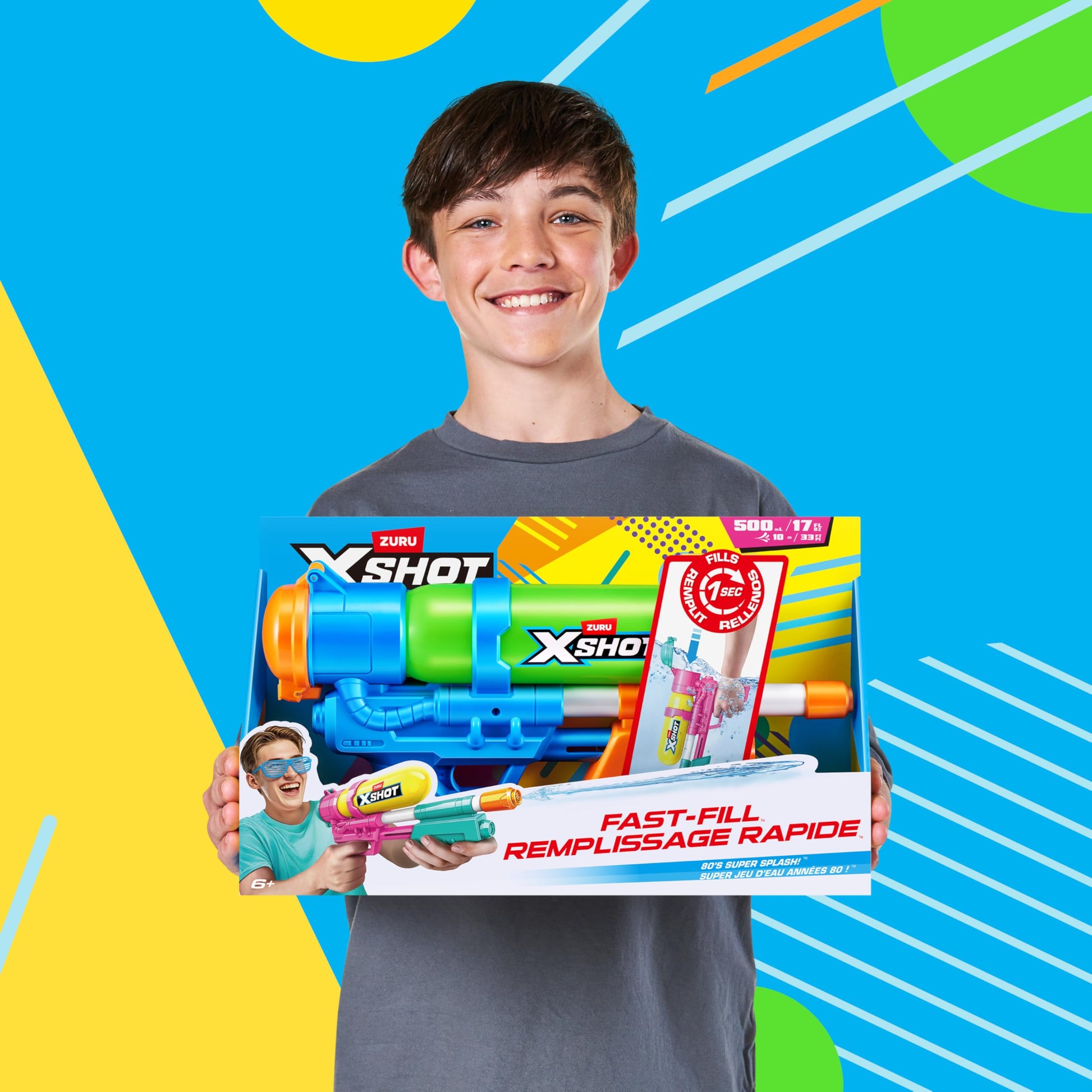 XSHOT Water Fast-Fill 80s Super Splash water blaster in green, with 33ft range and 500ml tank, outdoor summer water toy for kids