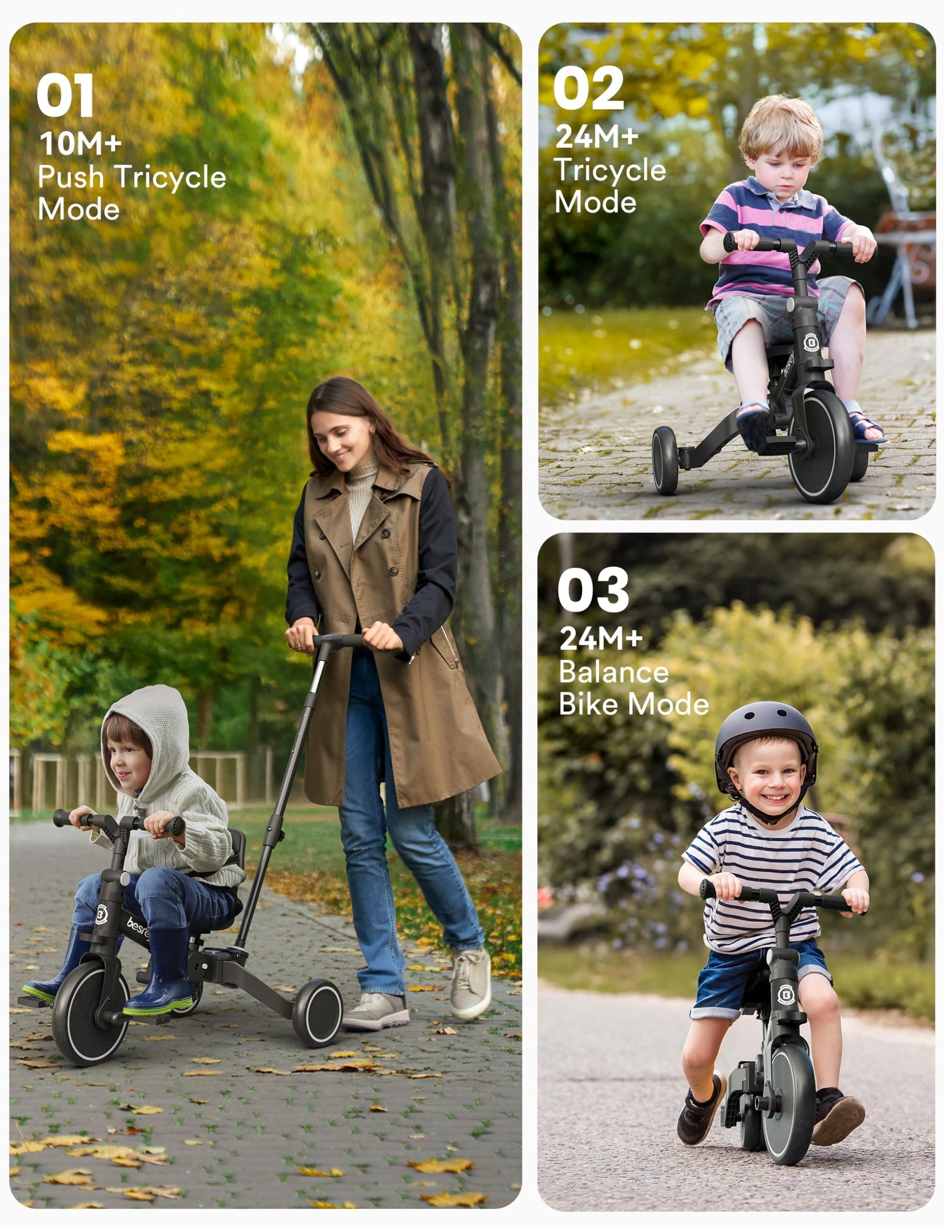 Black besrey toddler bike with parent-controlled push handle, removable pedals, and adjustable seat for kids 1-3 years old.