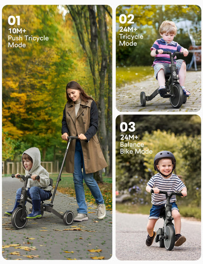 Black besrey toddler bike with parent-controlled push handle, removable pedals, and adjustable seat for kids 1-3 years old.