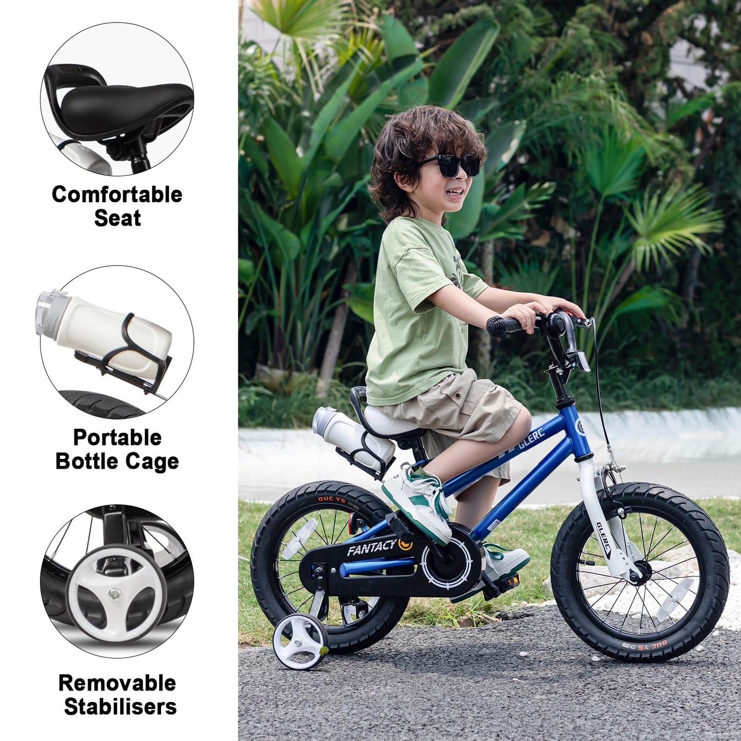 Glerc Fantacy Kids Bike 14 Inch Boys Girls Bicycle for Age 3 4 5 6 Year Old with Stabilisers & Bottle Cage for Birthday Gift， Blue