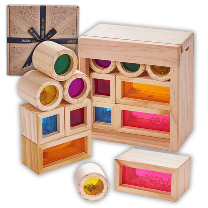Jaques of London wooden sensory blocks for babies, featuring colorful wooden sound toys perfect for early development.