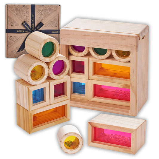 Jaques of London wooden sensory blocks for babies, featuring colorful wooden sound toys perfect for early development.