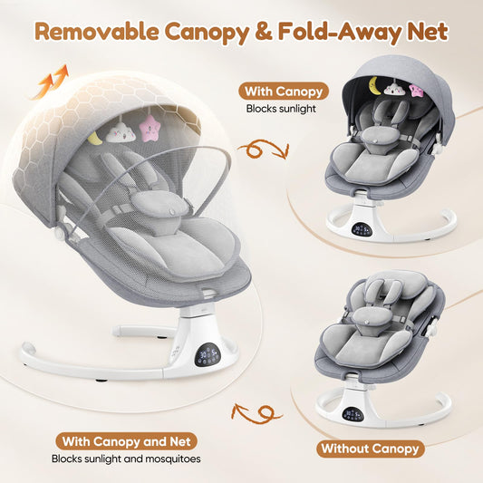 Helangel baby swing for infants and toddlers with 5 speed settings, 3-seat positions, Bluetooth music, and 10 melodies.