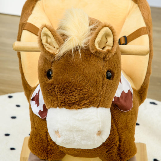 HOMCOM Kids Rocking Horse Plush Ride On Horse with Safety Belt, Realistic Sounds, Foot Pedals for Toddlers Aged 18-36 Months - Brown