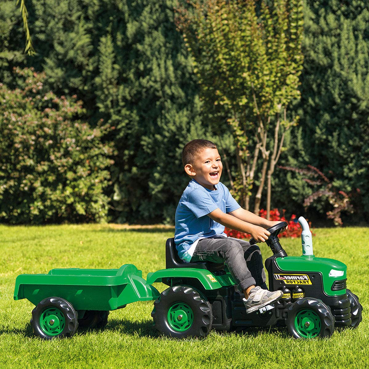 Dolu 8053 green and black children's ride-on tractor with trailer, working horns, and pedal control for kids aged 3 to 5.