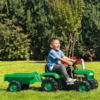 Dolu 8053 green and black children's ride-on tractor with trailer, working horns, and pedal control for kids aged 3 to 5.