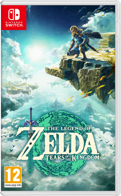 Nintendo Switch game cartridge for The Legend of Zelda: Tears of the Kingdom, featuring colorful artwork and the Nintendo logo.