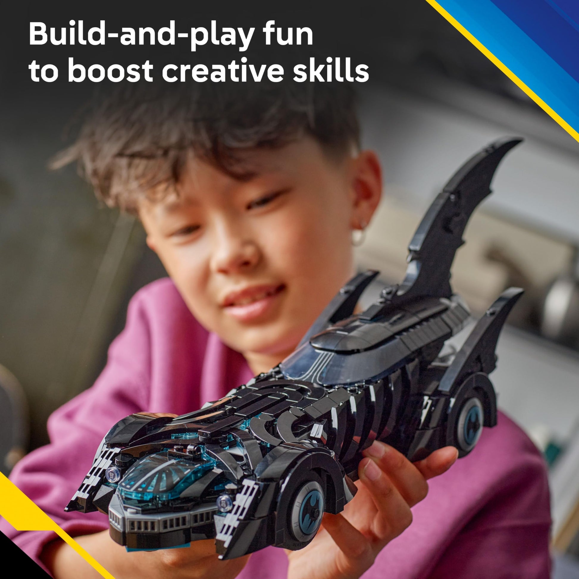 LEGO Batman Forever Batmobile toy featuring an opening cockpit, detailed interior, and a minifigure.
