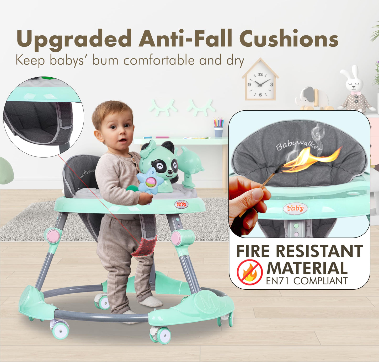 FK Sports baby walker in green with adjustable height, activity center, music, toys, food tray, and silent wheels for ages 6-18 months.