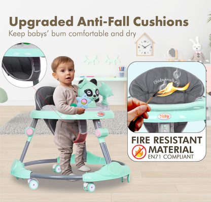 FK Sports baby walker in green with adjustable height, activity center, music, toys, food tray, and silent wheels for ages 6-18 months.