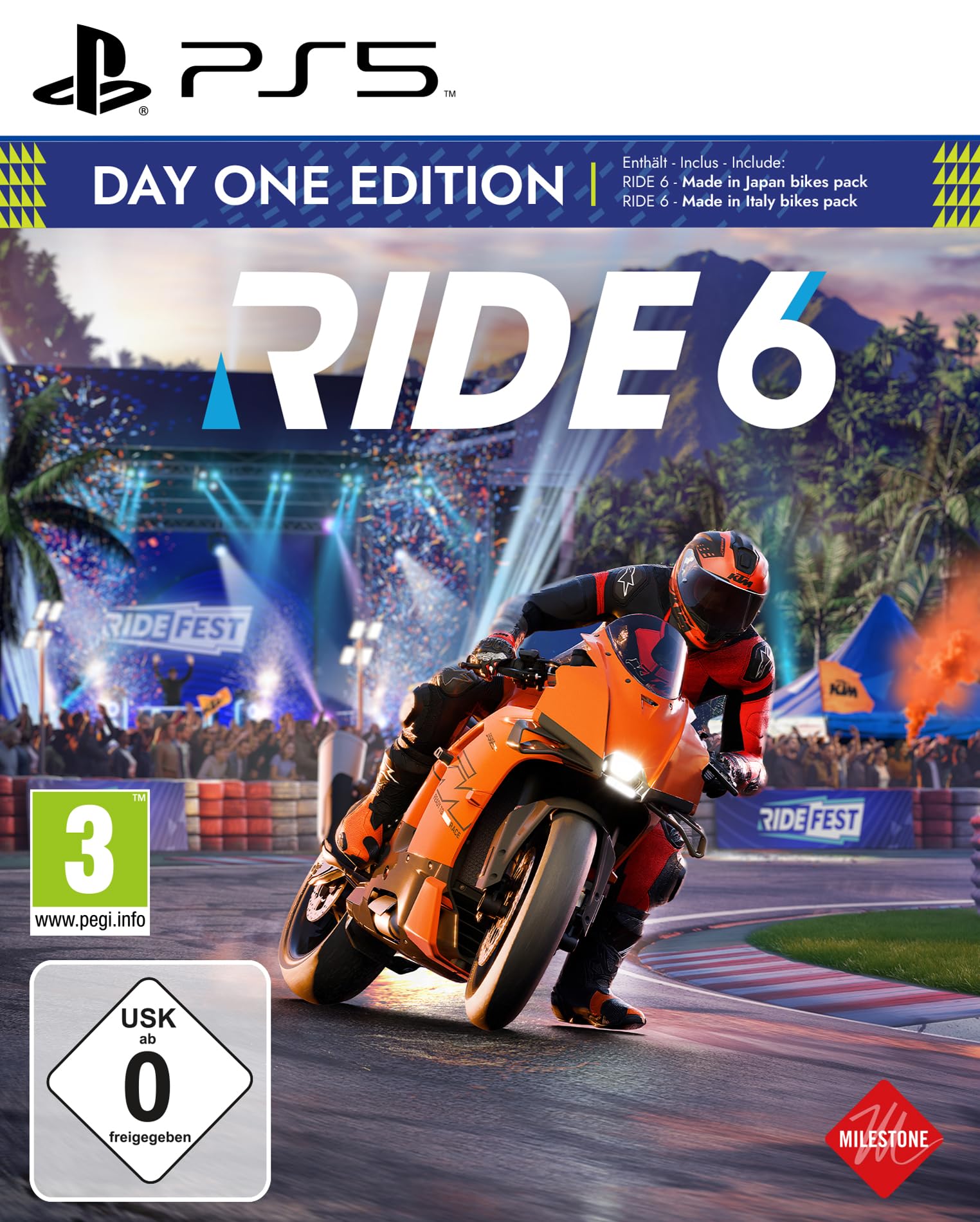 Milestone RIDE 6 Day One Edition PS5 game cover art featuring motorcycle racing imagery and vibrant graphics.