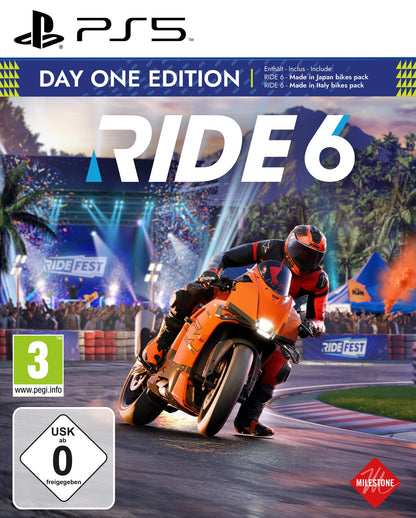 Milestone RIDE 6 Day One Edition PS5 game cover art featuring motorcycle racing imagery and vibrant graphics.
