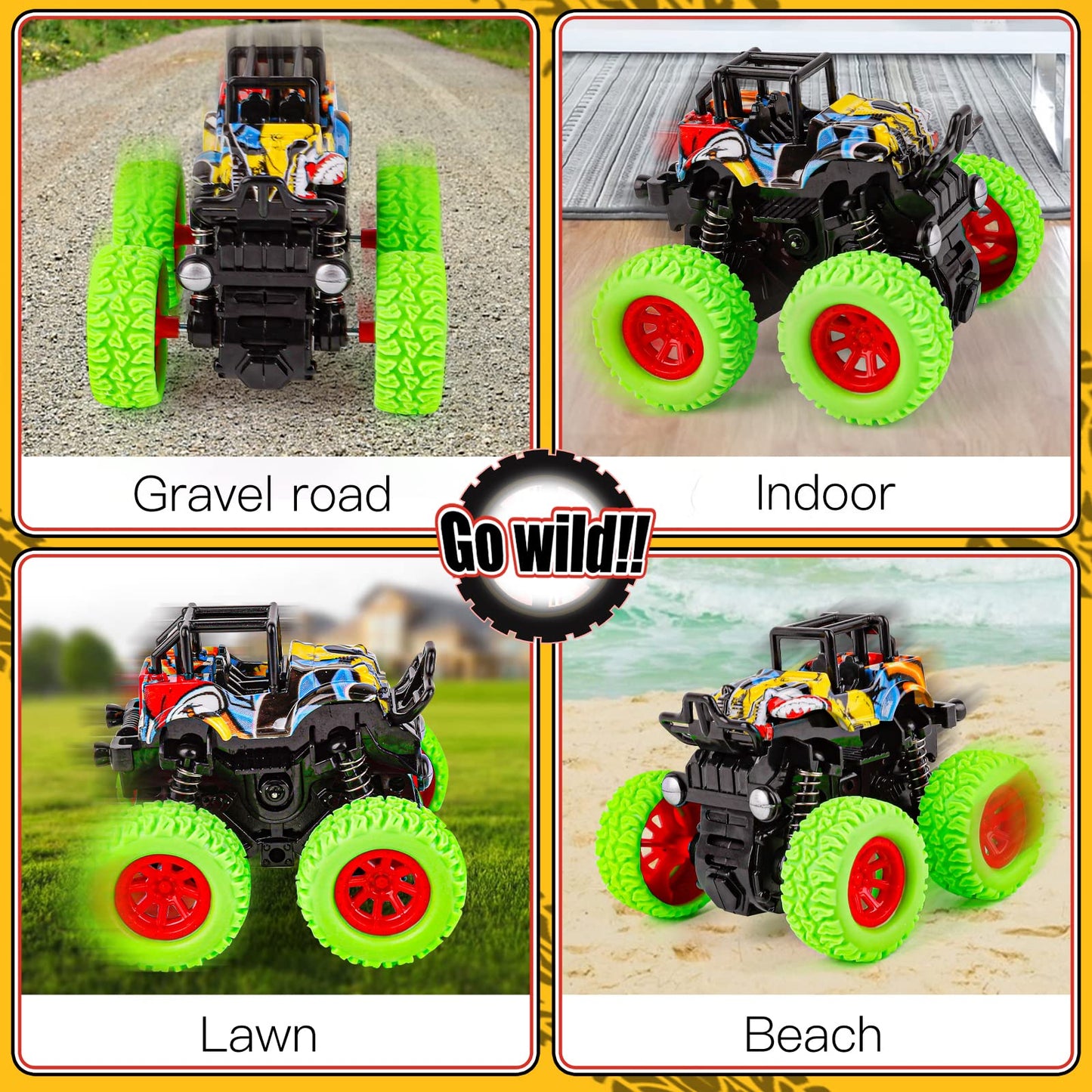 m zimoon Monster Inertia Truck, 2 Pack Off-road Vehicle Toy Four-Wheel Race Cars with 360 Degree Rotation, Toddler Car Toys Birthday Gift for 3 4 5 6 7 8 year old Kids Boys Girls (Blue+Green)
