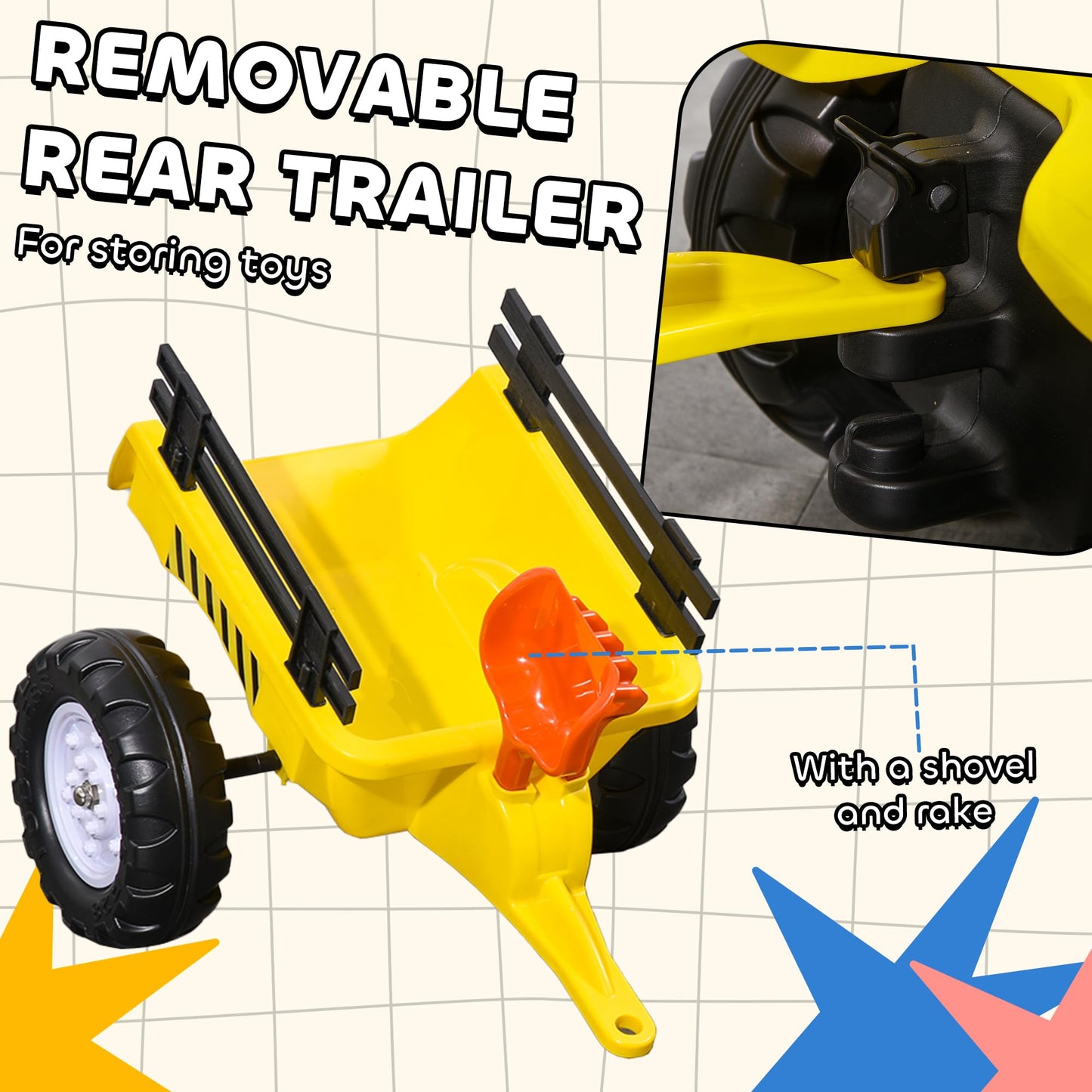 HOMCOM Kids Ride on Tractor with Back Trailer, Shovel & Rake, Horn, Four Wheels Tractor Toy for Child Toddler