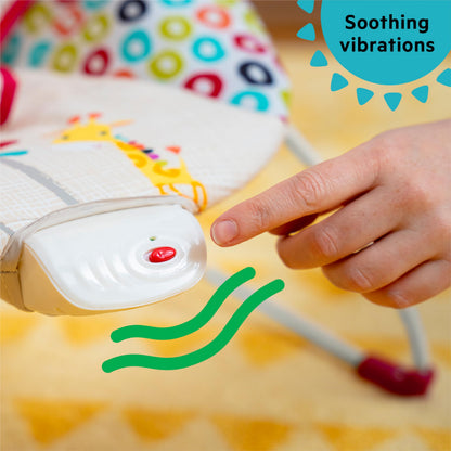 Bright Starts Playful Pinwheels Bouncer with colorful fabric and adjustable canopy, designed for infants and toddlers.