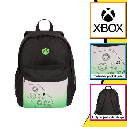 Green and black Popgear Xbox controller backpack for kids, featuring official merchandise design, adjustable one-size fit.