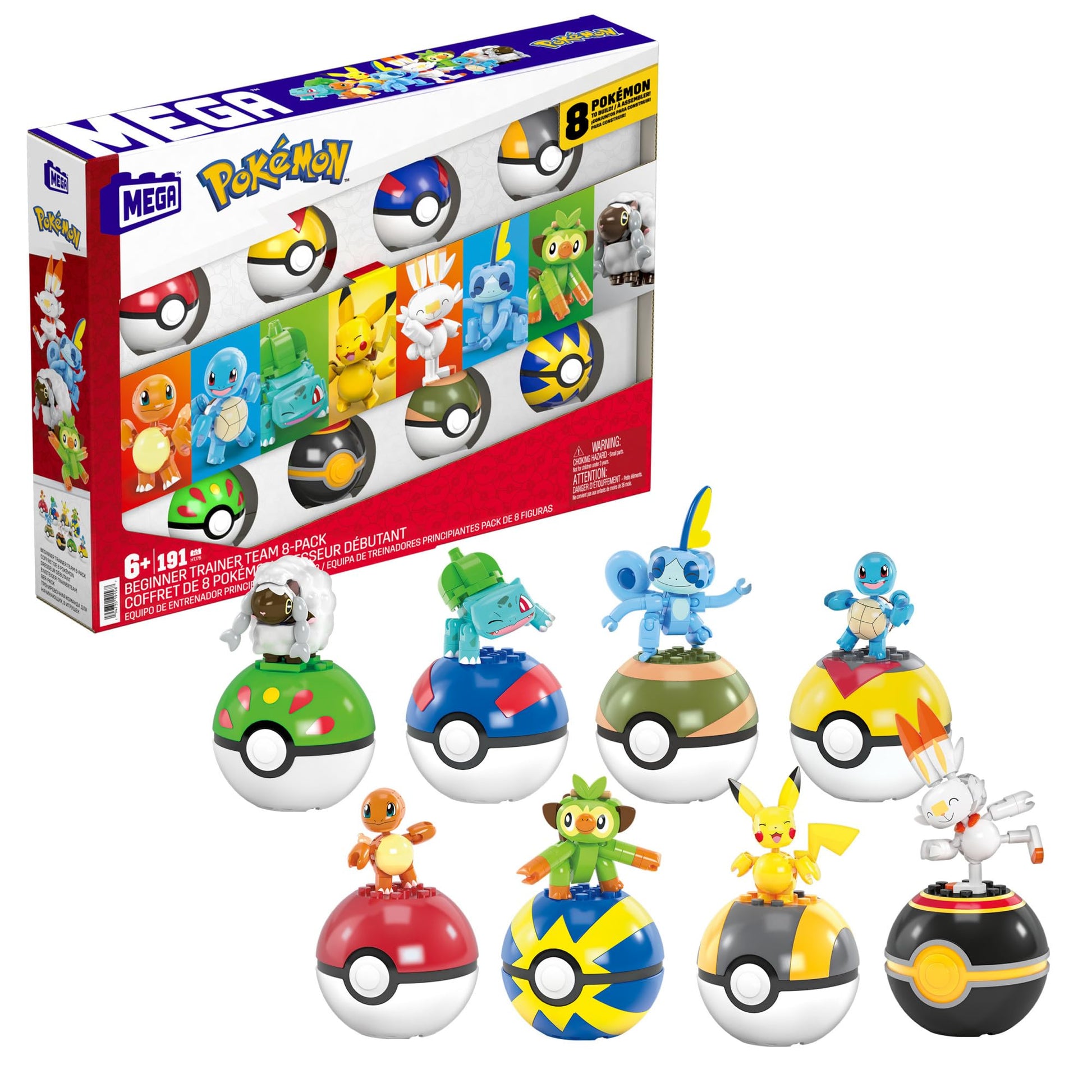 MEGA Pokémon action figure building toys set with 191 pieces, featuring Pikachu, Charmander, and Squirtle characters.