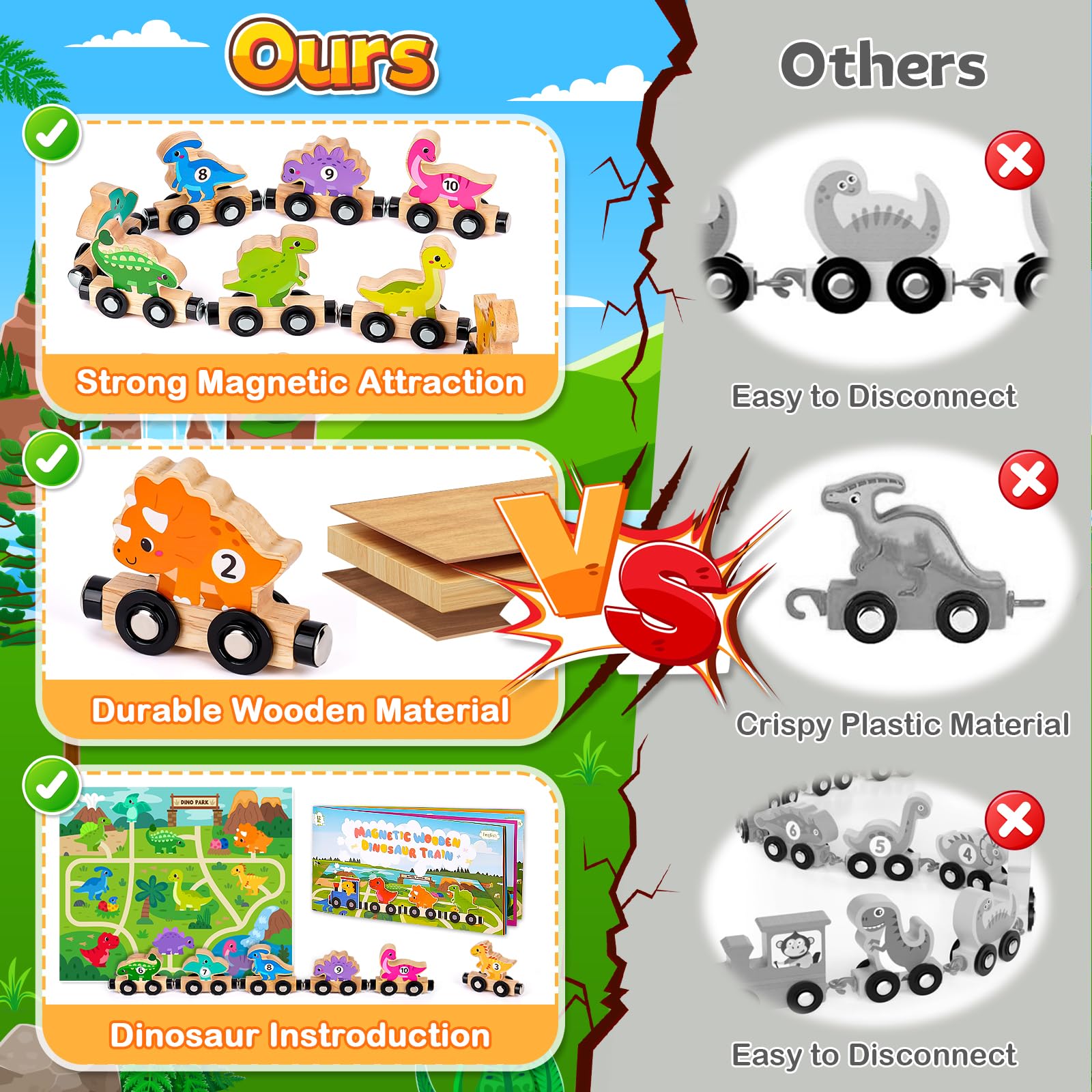 Wooden magnetic dinosaur train toys for toddlers, featuring colorful dinosaurs and educational design by lelechong.