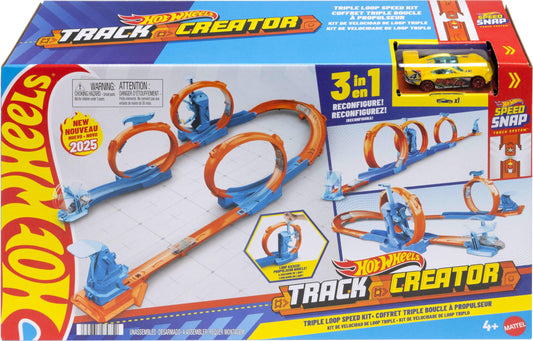 Hot Wheels toy car track set featuring triple loops, speed snap tracks, and a 1:64 scale vehicle in vibrant colors.
