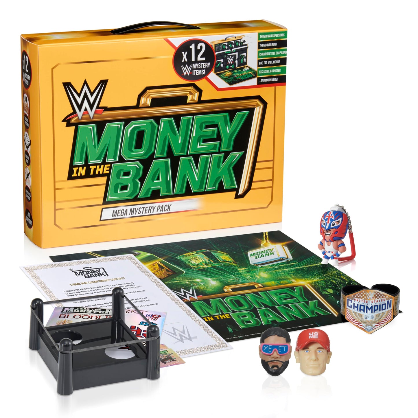 WOW! Stuff WWE Money in the Bank Mystery Gift Pack | 14+ WWE Surprises | Including Exclusive Thumb War Superstars, Custom Ring, Stickers & Slap Band | Collectible Briefcase Pack with Hidden Reveals