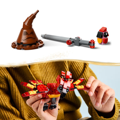 LEGO Harry Potter Fawkes toy figure with Sorting Hat and Sword of Gryffindor, showcasing a vibrant phoenix design.