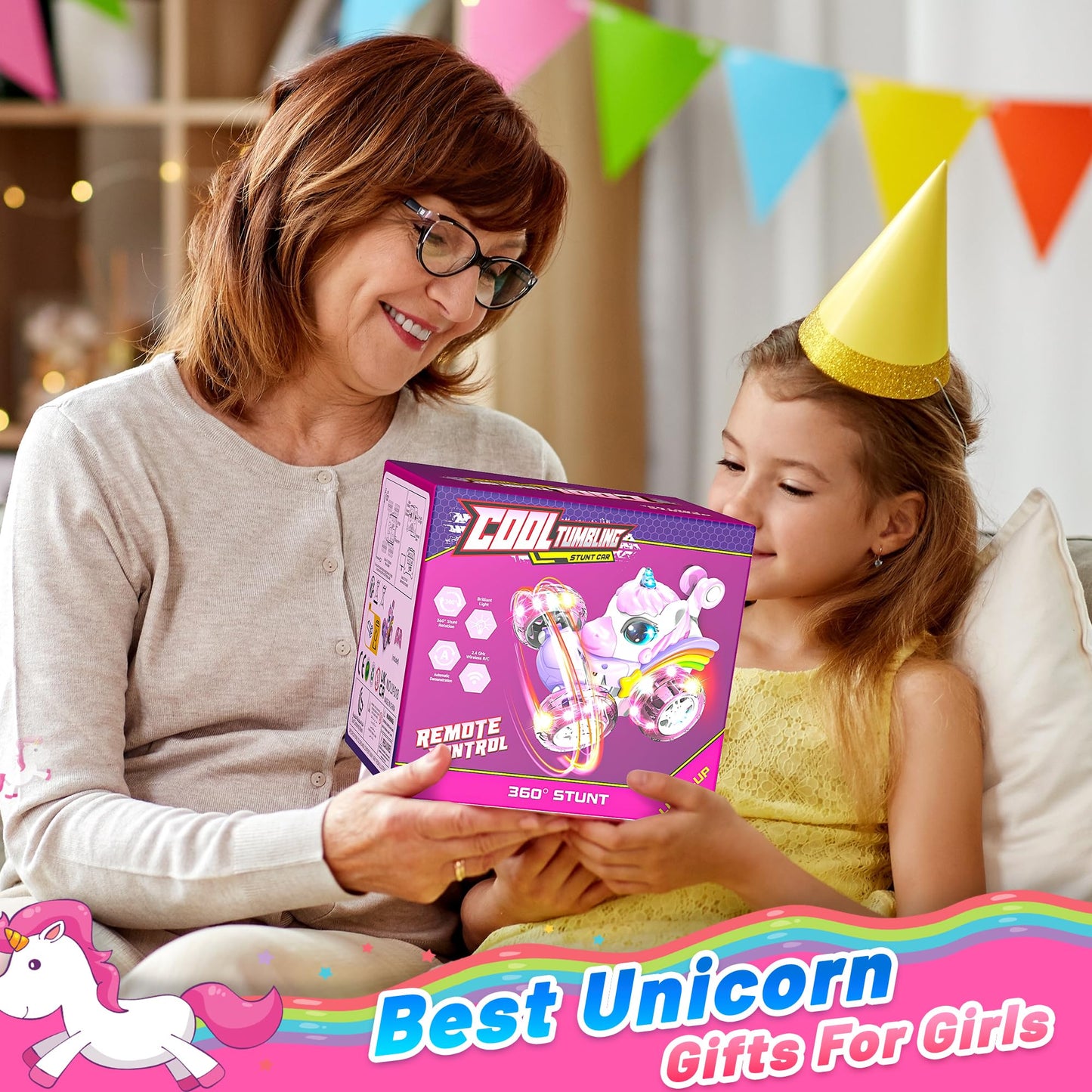 Hot Bee Remote Control Cars, Toy Cars for Kids Age 3 4 5 6, RC Stunt Car with LED Light, Unicorn Gifts for Girls, Unicorn Toys for 2 3 4 5 6 Year Old Girls