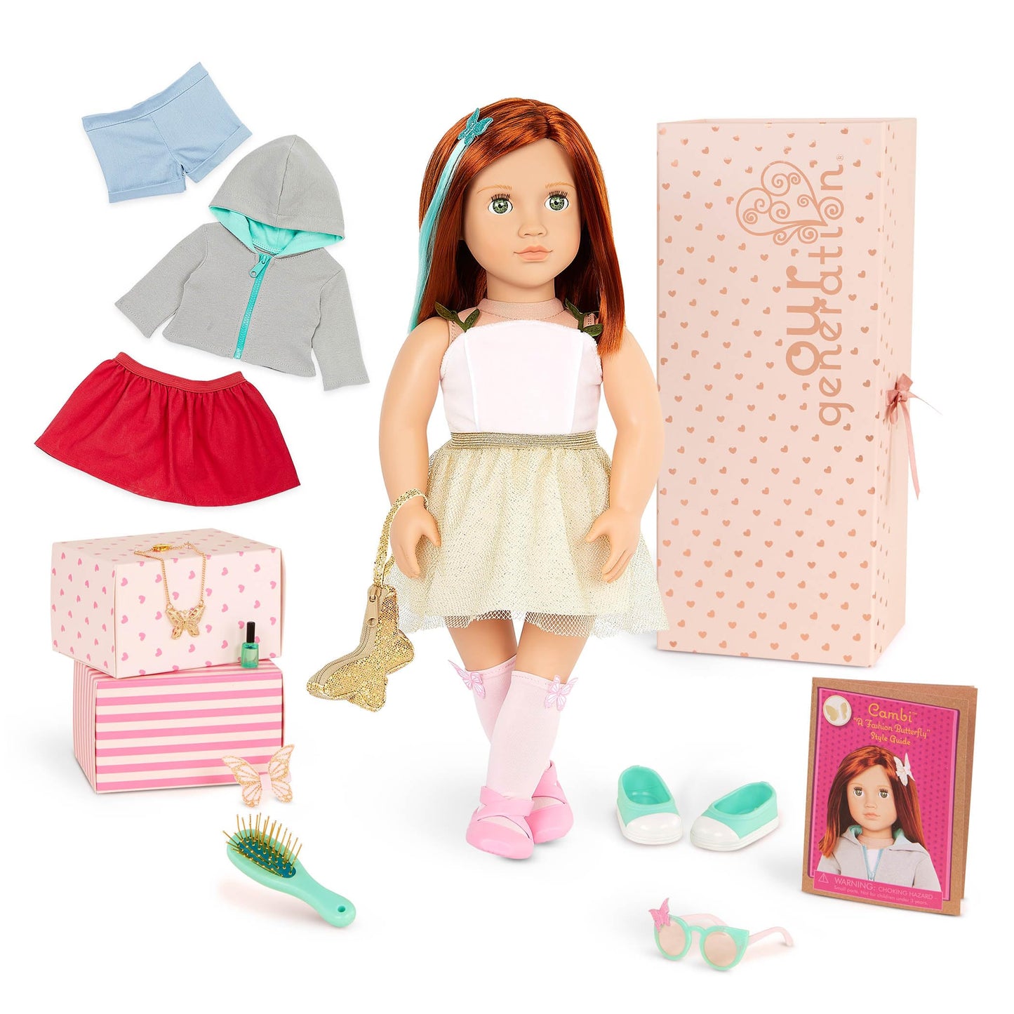 Our Generation 18-inch Cambi doll with red hair, blue eyes, butterfly-themed outfits, and styling accessories in gift box.