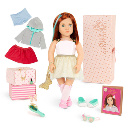 Our Generation 18-inch Cambi doll with red hair, blue eyes, butterfly-themed outfits, and styling accessories in gift box.