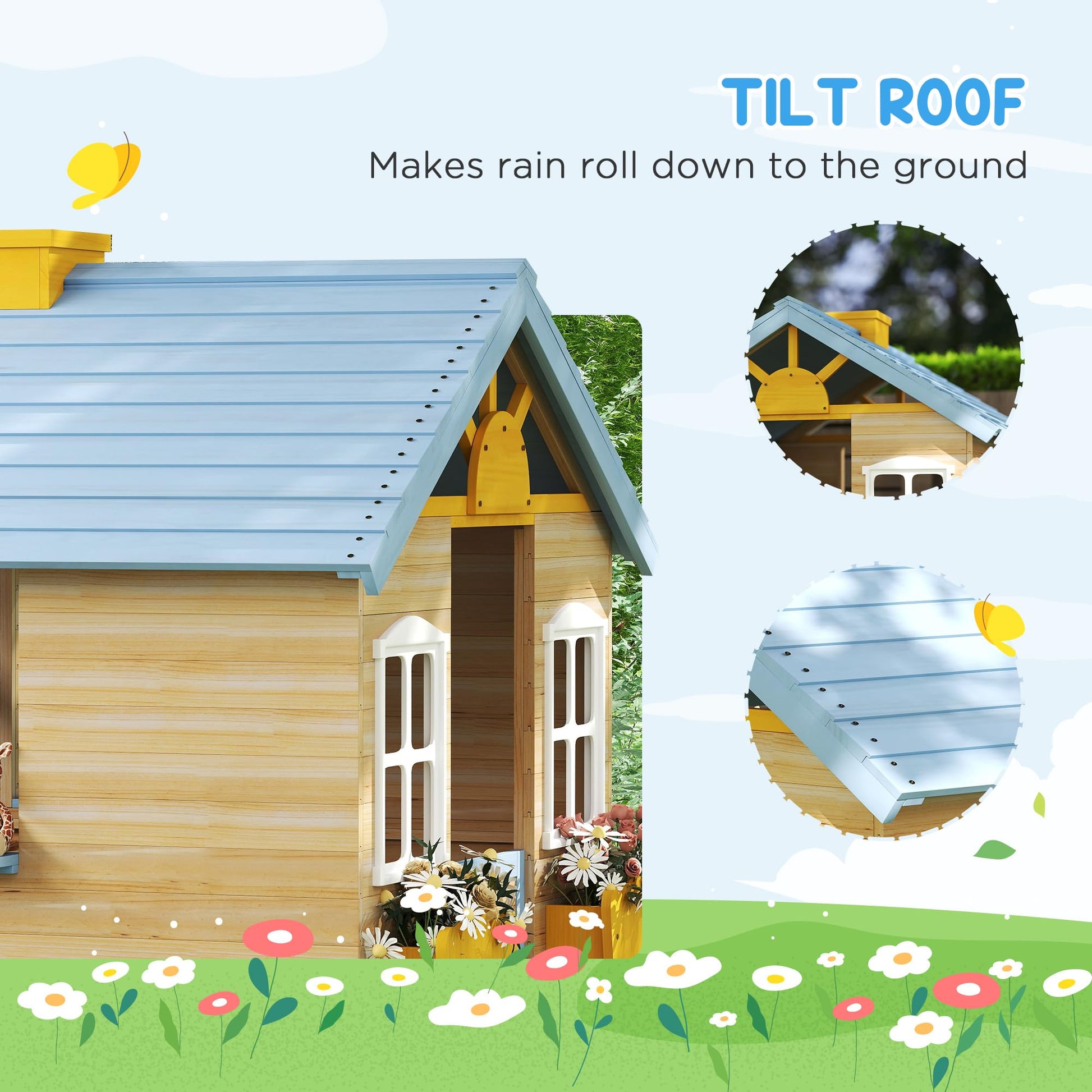 Outsunny wooden kids' playhouse with blue exterior, picnic bench, door, windows, flower pot, and pretend play features for ages 3-7.
