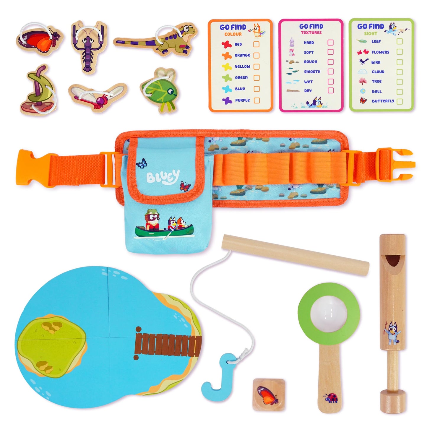 Bluey Adventure Belt explorer set for kids including magnifying glass, compass, whistle, and accessories for outdoor and indoor play.