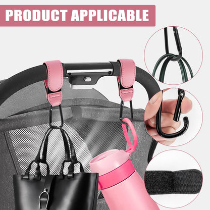 Pink leather buggy clips set with pram hooks, suitable for bags, backpacks, and shopping carts, by HaoHanEup.