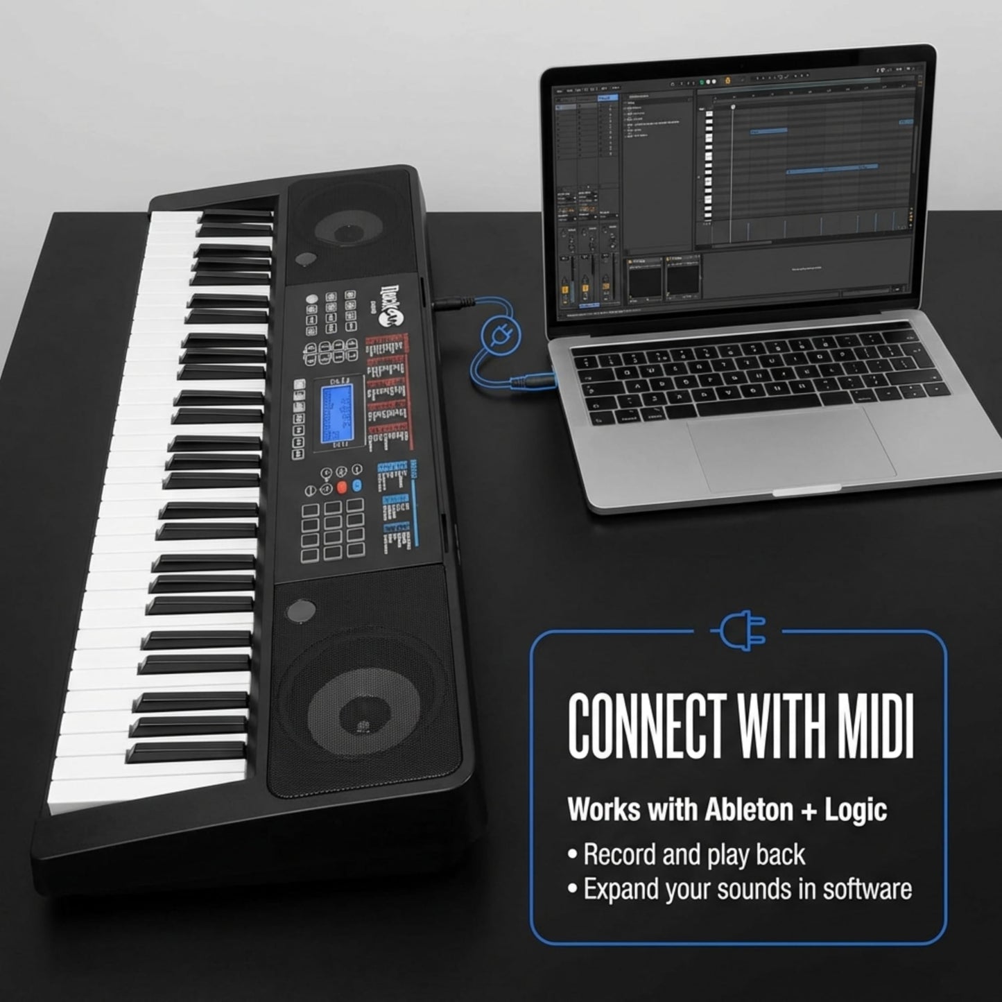 RockJam 61 key keyboard piano kit with bench, stool, sustain pedal, headphones, and beginner lessons displayed on the keyboard.