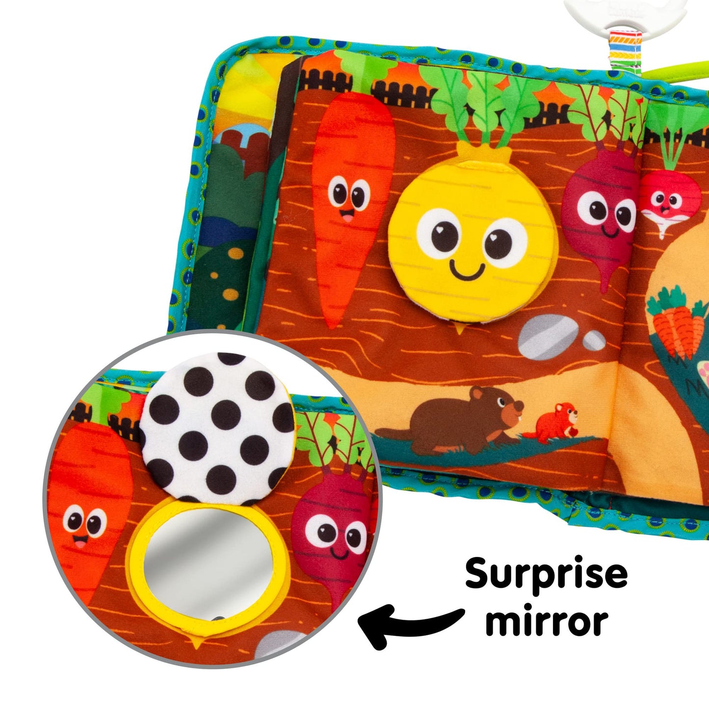 LAMAZE Bitty Bug Book sensory toy with colorful pages and sounds, clip-on for prams and pushchairs, suitable for newborn babies.
