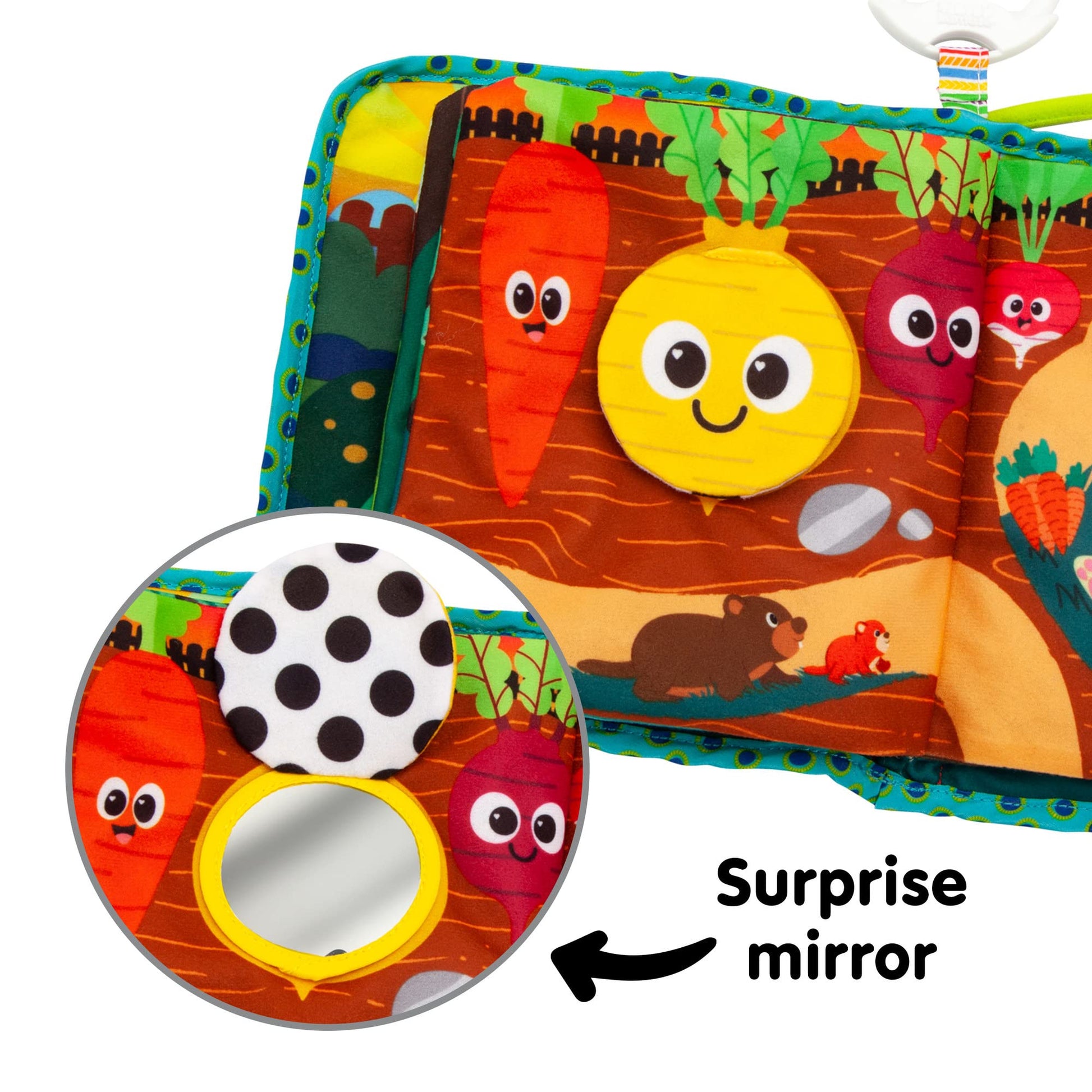 LAMAZE Bitty Bug Book sensory toy with colorful pages and sounds, clip-on for prams and pushchairs, suitable for newborn babies.