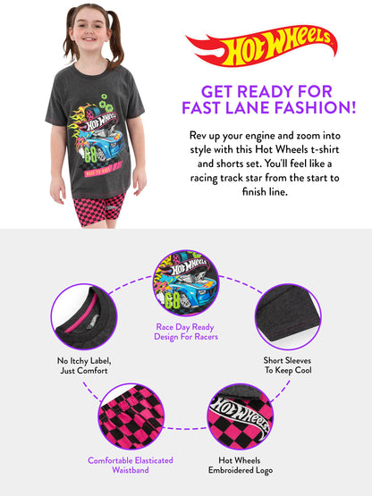 Hot Wheels Girls T Shirt And Shorts | Co Ord Set | Race Car Girls Tshirt And Short Set | Summer Clothes | Grey 11-12 Years