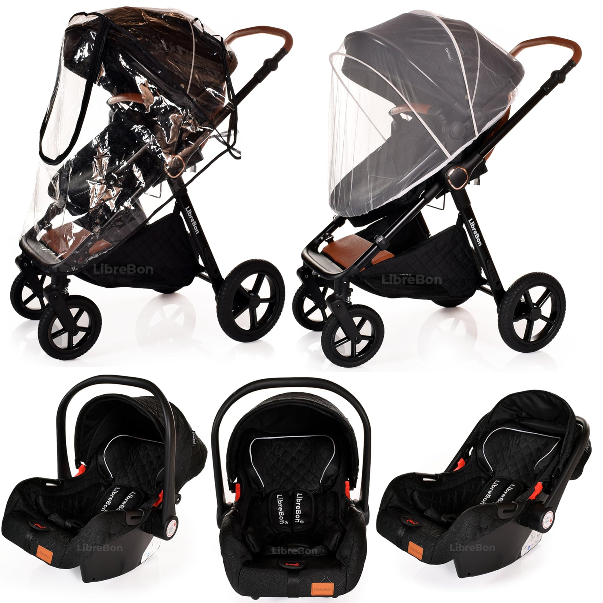 Boneelook 3-in-1 baby buggy pram and stroller with black frame, lightweight folding design, suitable for newborns and toddlers.