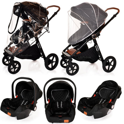Boneelook 3-in-1 baby buggy pram and stroller with black frame, lightweight folding design, suitable for newborns and toddlers.
