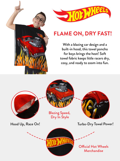 Hot Wheels Towel Poncho, Car Hooded Towel For Kids, Boys Beach Towels And Swimming Towels, One Size, Black
